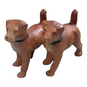 Vintage Terracotta Dog Figurines MIniatures Black Collars Lot Set O 2 Clay Puppy